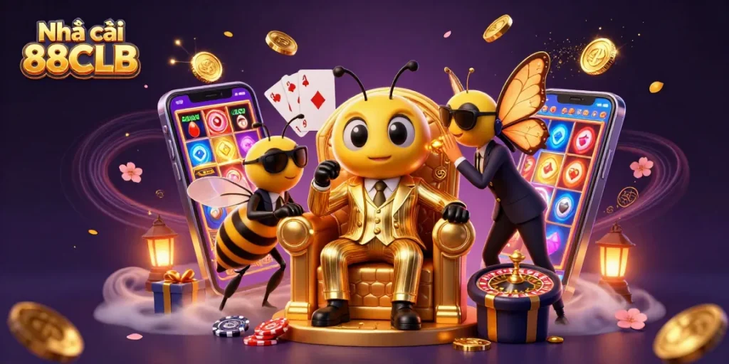 Experience the excitement of Nhà cái 88CLB with vibrant casino elements and dynamic characters.