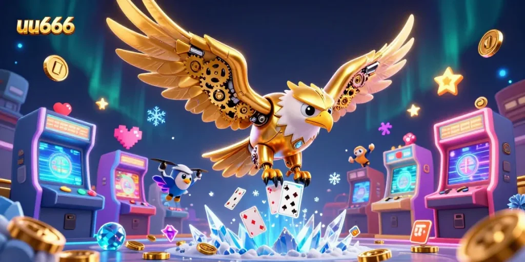 Experience thrilling wins at uu666 with a dynamic 3D casino adventure featuring a cybernetic eagle.