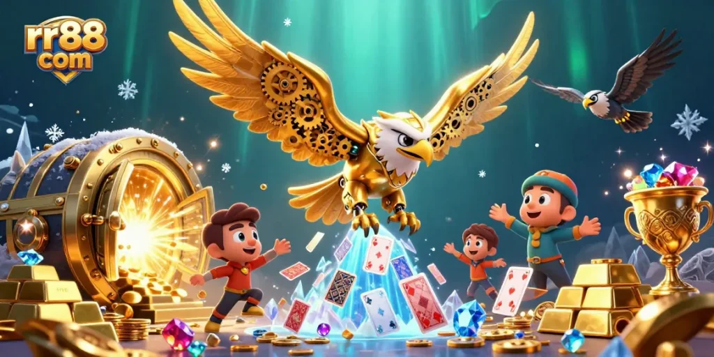 Experience thrilling gameplay at rr88 com with a captivating 3D illustration of cybernetic wings and treasure.