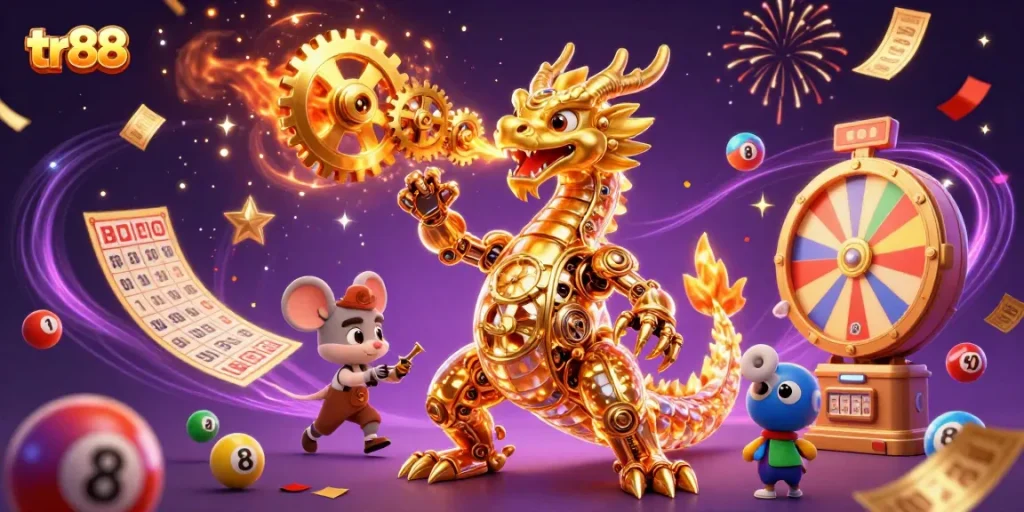 Experience the thrilling action of tr88 with dynamic lottery balls, spinning prize wheels, and festive confetti.