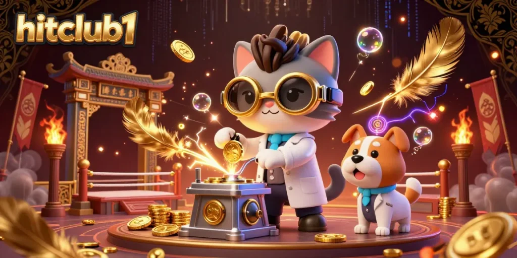 Create wealth at hitclub1 with mad scientist cat and loyal dog in a thrilling gambling atmosphere.
