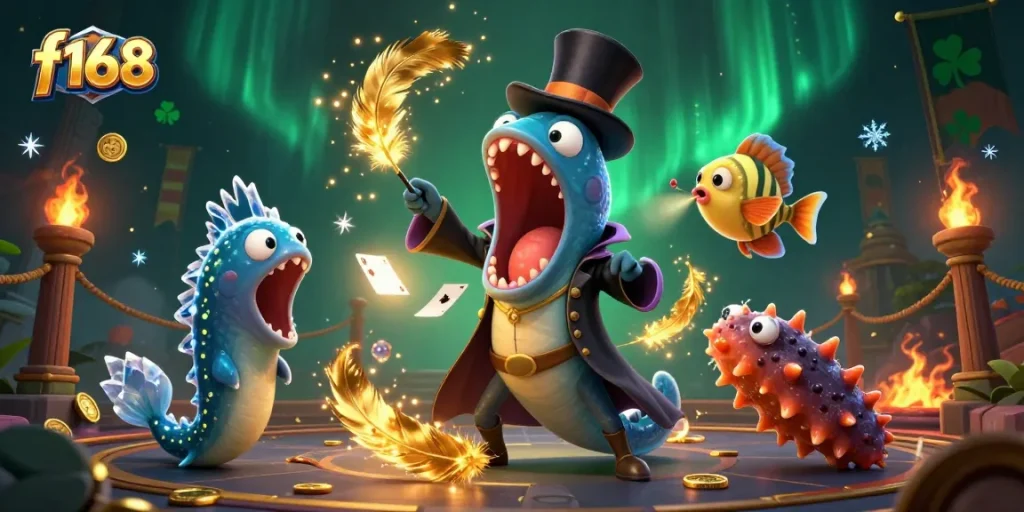 Experience thrilling card tricks at f168 with vibrant characters performing magic in an energetic casino scene.