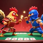 casascholars showcases twin fighting roosters amidst dramatic gambling elements for an engaging casino experience.