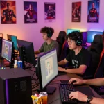 Players engaged in online gaming at Iwin, showcasing a vibrant and energetic atmosphere with gaming paraphernalia.