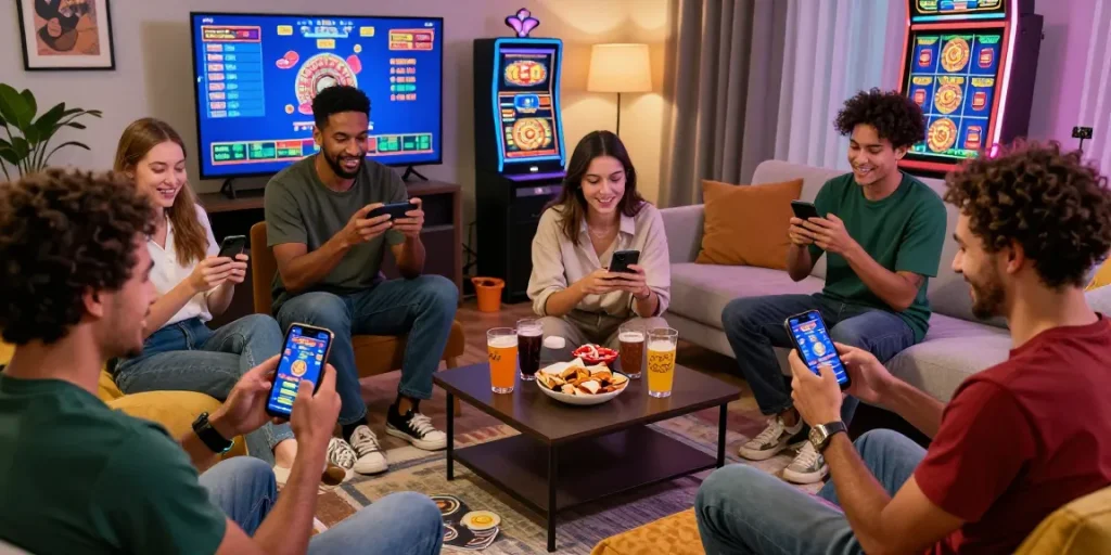 Excited players enjoying games on Winbox88 mobile casino in a cozy home setting with colorful decor.