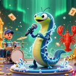 MPOID LOGIN showcases an electric eel DJ surrounded by gambling treasures and vibrant casino elements in a captivating underwater scene.