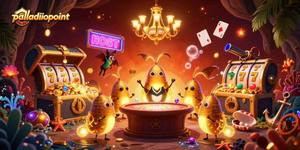 Palladiopoint's gleaming casino scene brought to life with glowworms, slot reels, and vibrant treasures.