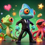 Experience the excitement of tapwin: vivid 3D casino illustration featuring a secret agent chameleon and his sidekick.