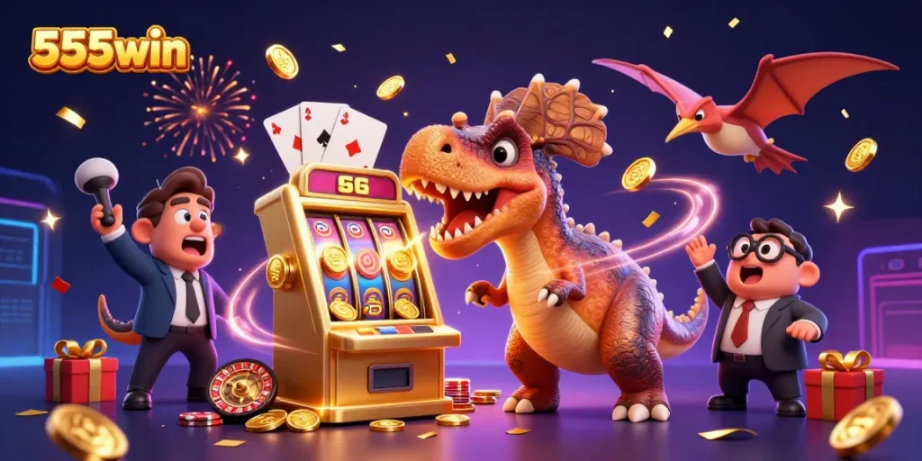 Experience thrilling jackpots with 555win as a cartoon dinosaur interacts with a golden slot machine.