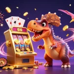 Experience thrilling jackpots with 555win as a cartoon dinosaur interacts with a golden slot machine.