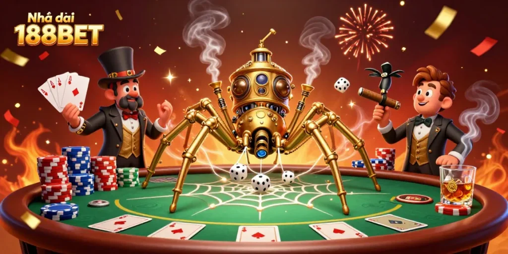 Win big at Nhà cái 188BET with an extravagant casino scene featuring artistic poker elements and vibrant details.