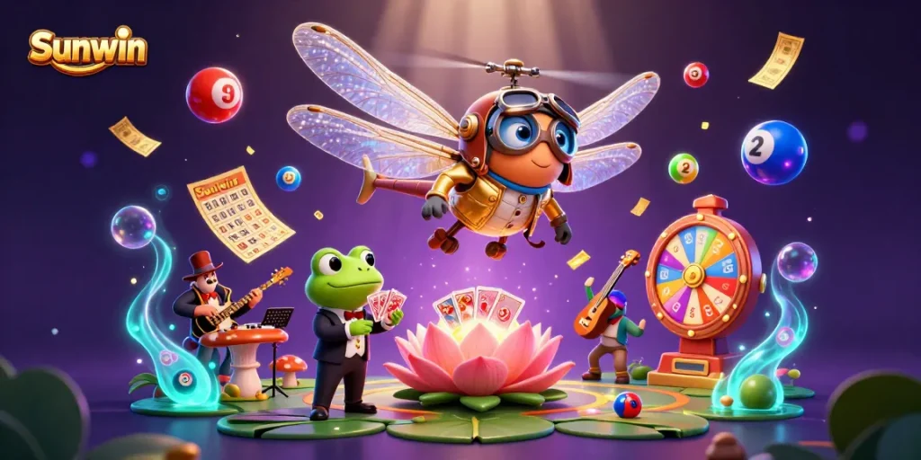 Experience thrilling gaming with Sunwin's vibrant 3D casino scene filled with interactive elements.