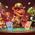 Cổng game bài đổi thưởng Sunwin brings a colorful scene of cartoon dinosaurs at a blackjack table with vibrant gaming elements, showcasing excitement in gambling.
