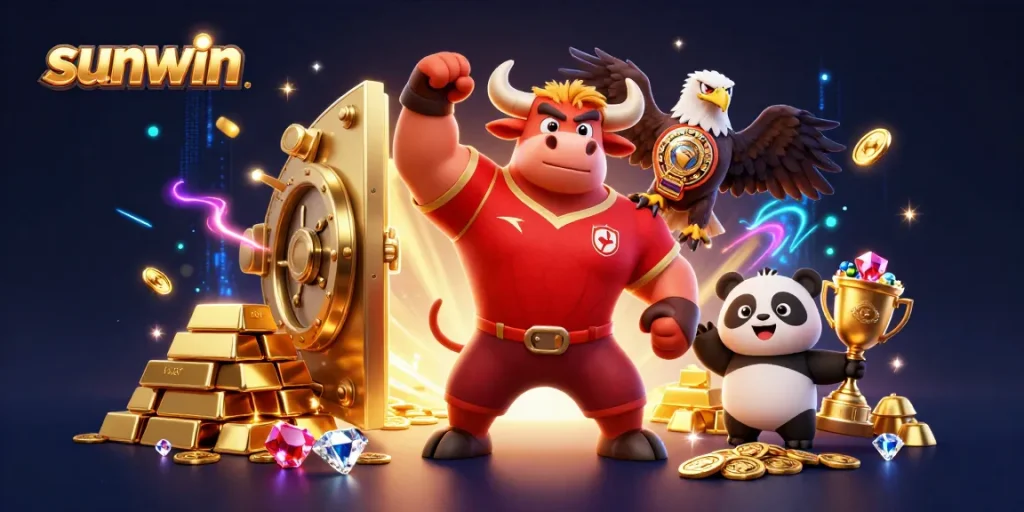 Experience thrilling wins with sunwin's vibrant 3D casino scene featuring a victorious bull mascot, eagle, and panda.
