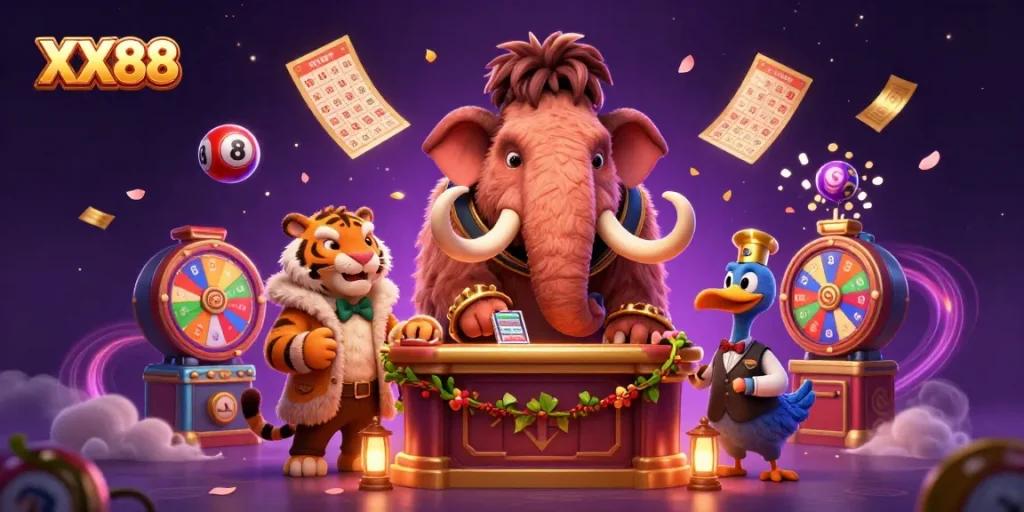 Experience the thrilling XX88 casino scene with a woolly mammoth bouncer and lively gaming action.