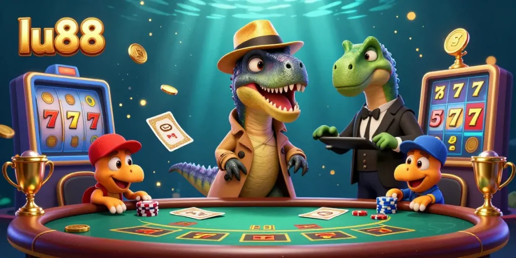 Experience exciting gaming at lu88 with a velociraptor gambling at a blackjack table.