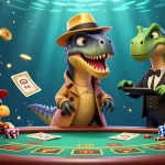 Experience exciting gaming at lu88 with a velociraptor gambling at a blackjack table.