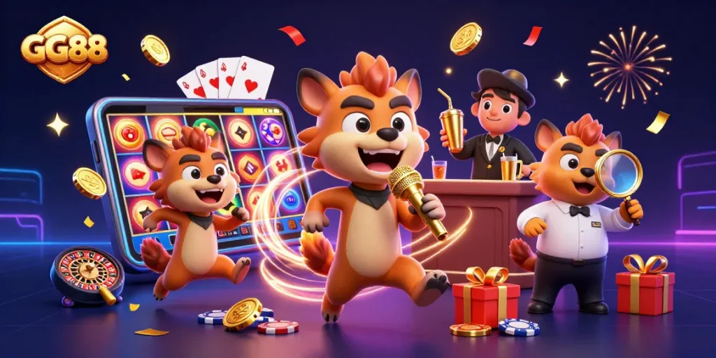 Engage with GG88's vibrant casino experience featuring lively hyenas in a comedic setting.