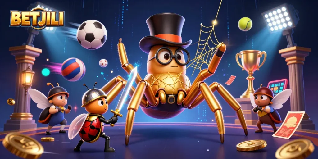 BETJILI engaging characters in a vibrant 3D casino scene with dynamic sports betting elements.