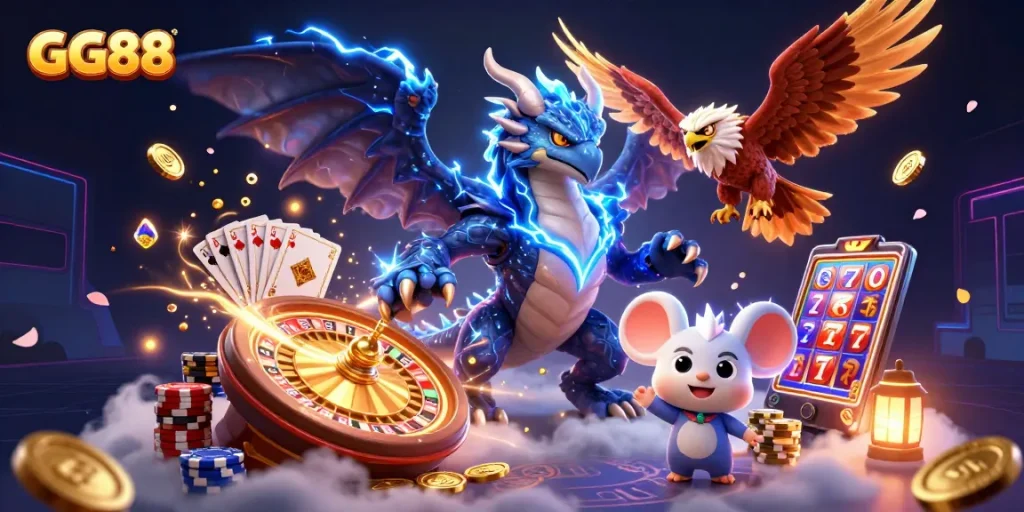 Spin the roulette and win big with GG88 in a vibrant, dynamic casino scene.