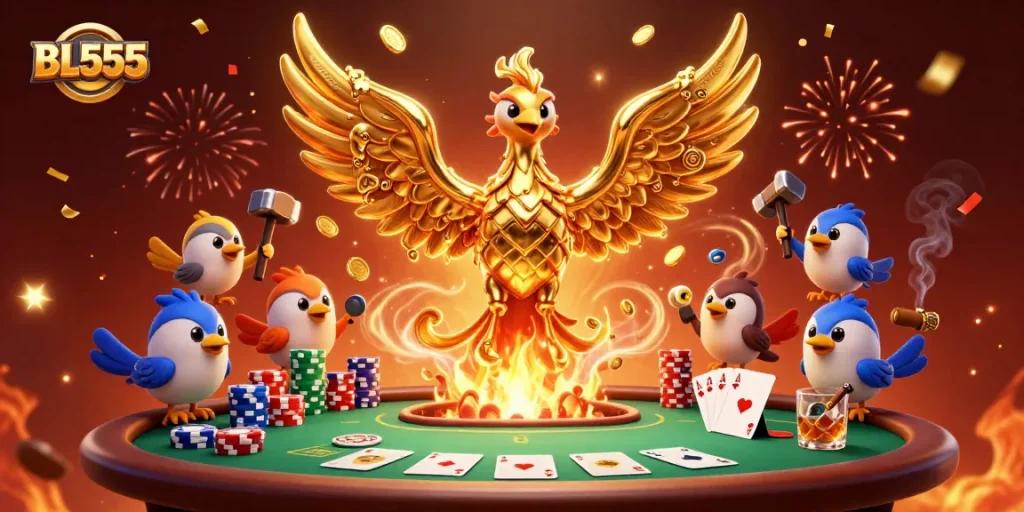 Experience thrilling gameplay with BL555's golden phoenix emerging amidst poker dynamics and vibrant celebration.