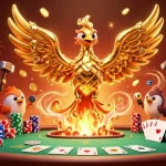 Experience thrilling gameplay with BL555's golden phoenix emerging amidst poker dynamics and vibrant celebration.