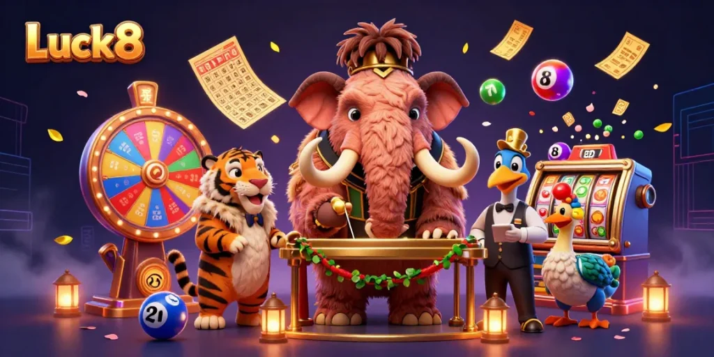 Luck8 showcases a vibrant casino scene with a woolly mammoth bouncer amidst lottery excitement and dynamic visuals.