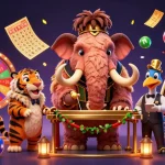 Luck8 showcases a vibrant casino scene with a woolly mammoth bouncer amidst lottery excitement and dynamic visuals.