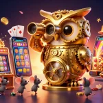 IDNSCORE LOGIN highlights the gaming adventure with a golden owl scanning slot machines surrounded by exciting casino elements.