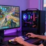 Engaged player enjoying rikvip online gaming experience on a colorful desktop setup with ambient lighting.