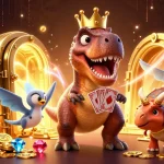 Experience thrilling moments with okwintv as a T-Rex shuffles cards while an assistant holds them, set in a vibrant casino.
