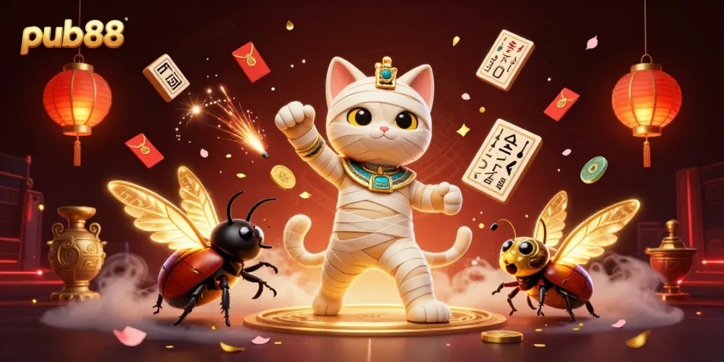 Experience the thrill of pub88 with a vibrant 3D casino scene featuring a mummy cat and scarab.