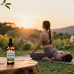 Ministry of Cannabis CBD oil alongside yoga essentials in a serene outdoor setting, highlighting natural wellness and relaxation.