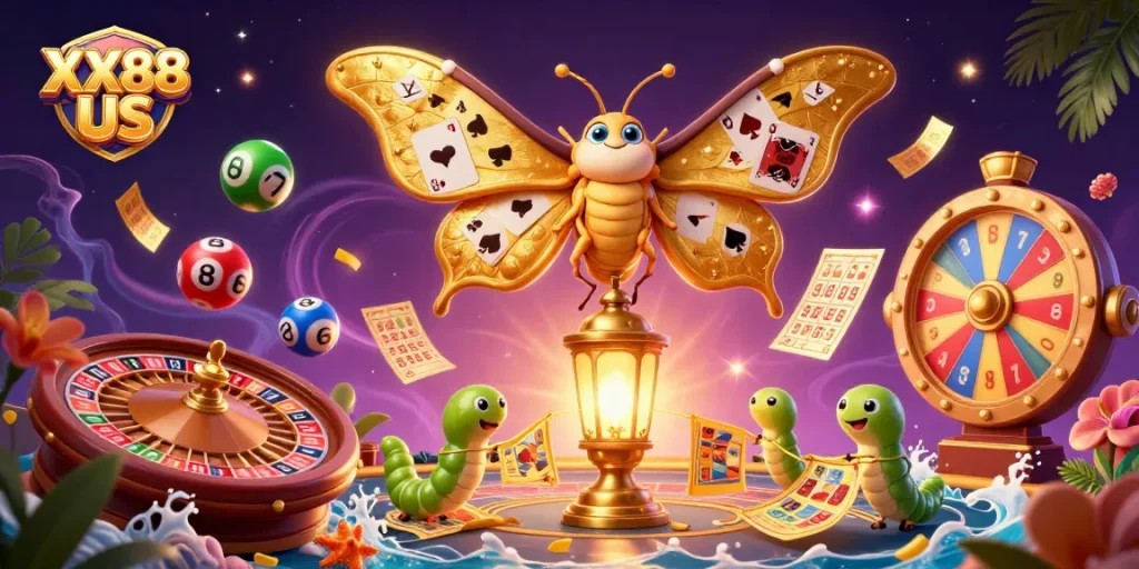 Win big with XX88 US at this vibrant casino-themed 3D illustration showcasing unique gaming elements.