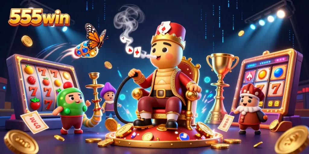 Play jackpot and win big at 555win with dynamic 3D casino illustration showcasing exciting games.