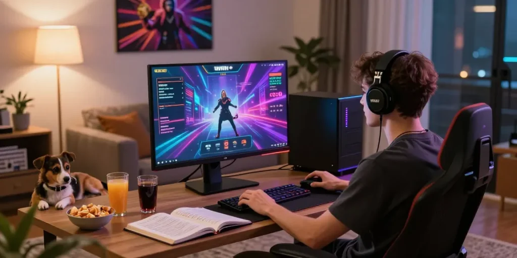 Iwin online gaming setup in cozy home environment with snacks and vibrant graphics.