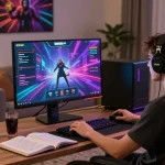 Iwin online gaming setup in cozy home environment with snacks and vibrant graphics.