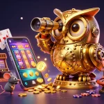 Experience the thrill at FABET's casino race with a golden owl, coins, and vibrant slot games.