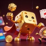 Engage with DEBET's vibrant 3D casino scene featuring animated golden dice and crypto elements.