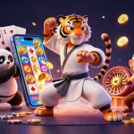 Experience australia online pokies with a kung fu tiger master and playful characters amidst vibrant casino elements.
