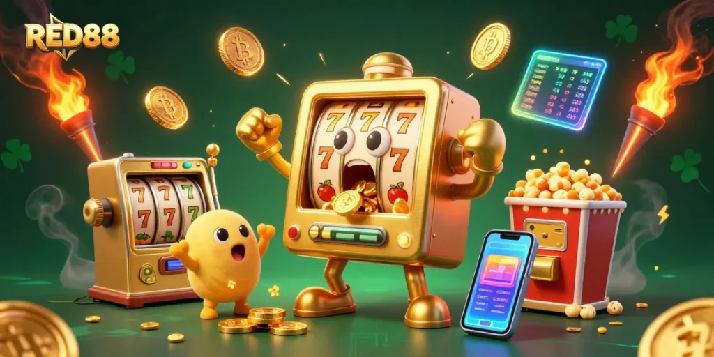 Experience the excitement of RED88 as a golden slot machine hits a jackpot surrounded by cheering machines and crypto coins.