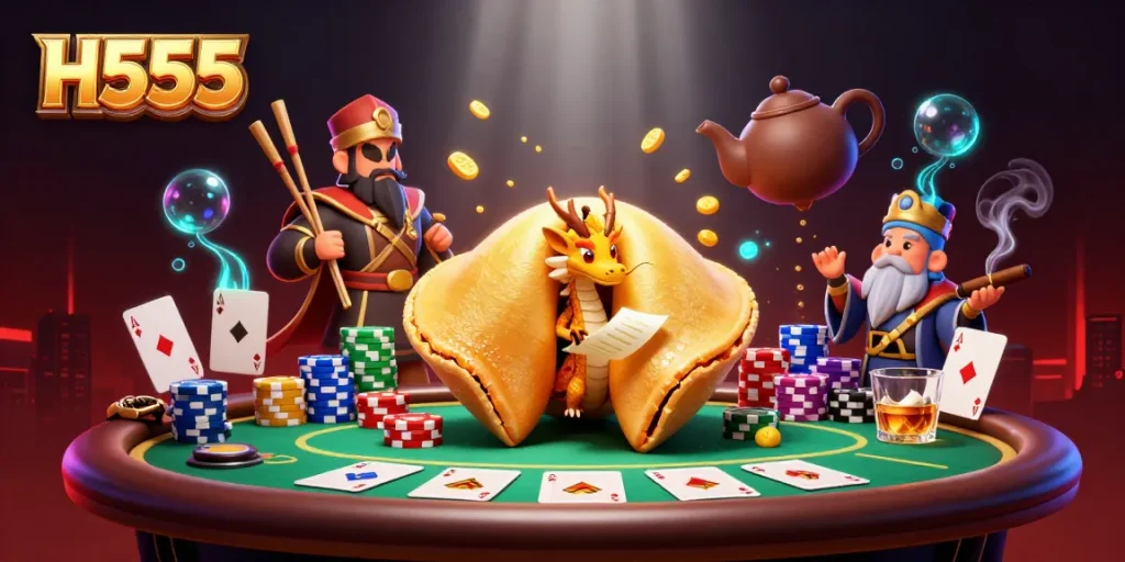 Experience H555 excitement with a dragon reading fortunes while poker chips and cards create a vibrant scene.