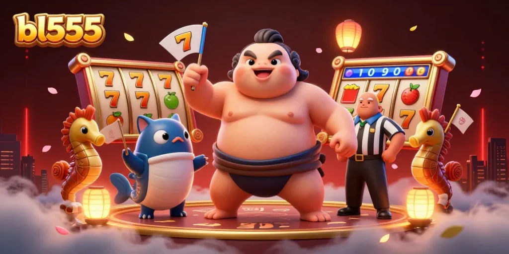 Engage with the exciting world of bl555 as the fugu sumo fights in a vibrant casino scene filled with slot game elements.
