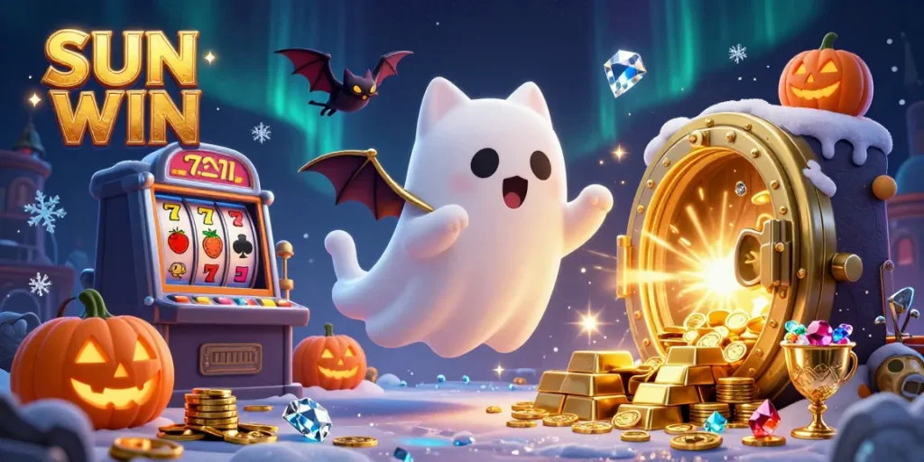 SUN WIN lights up the haunted casino with a friendly ghost cat and treasure vault.