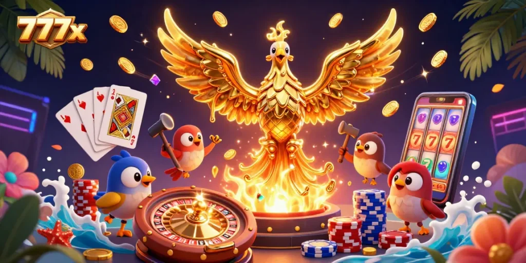 Engage with 777x's thrilling casino scene featuring a molten phoenix and classic gaming elements.