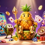 Experience the vibrant games at hitclub, featuring a cartoon pineapple king with jackpot action in a lively casino.