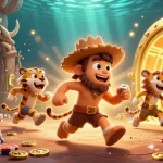 DA88 illuminates a thrilling prehistoric casino with a caveman and sabertooth duo amidst treasures and slot symbols.