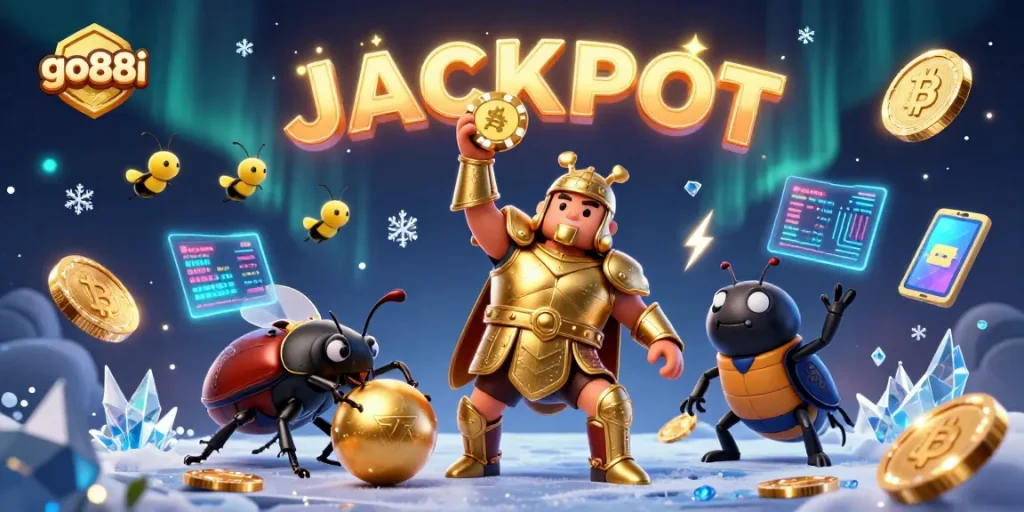 Spin to win with go88i as vibrant characters celebrate jackpots amidst crypto and casino elements.