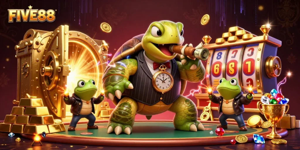 Experience the thrill of FIVE88 with a dynamic 3D cartoon casino scene featuring a snapping turtle and bullfrog enforcers.