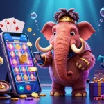 Enjoy exciting experiences at go821 with a vibrant scene of a woolly mammoth bouncer amidst casino elements.